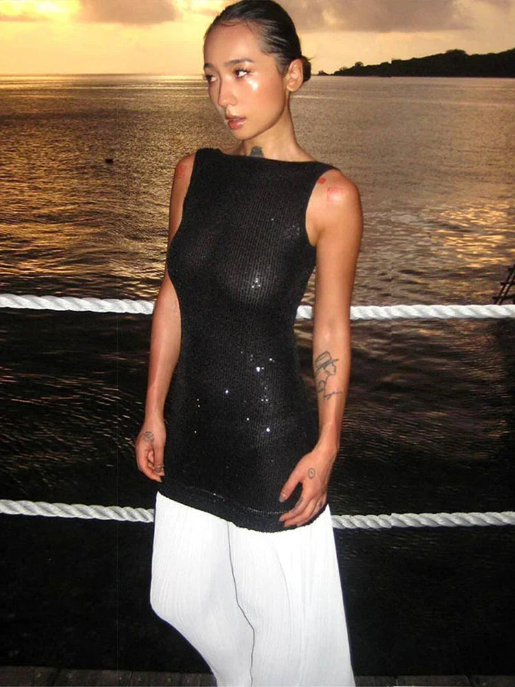 Sequined Patchwork Backless Long Dress
