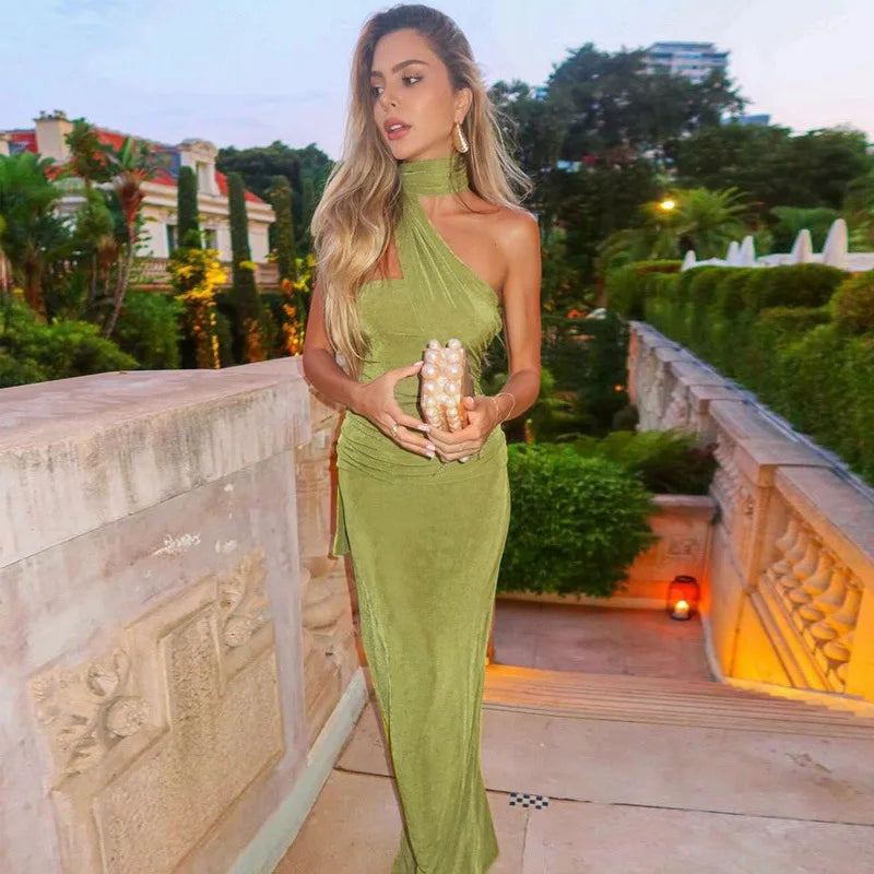 Halter Green Off-shoulder Backless Long Dress
