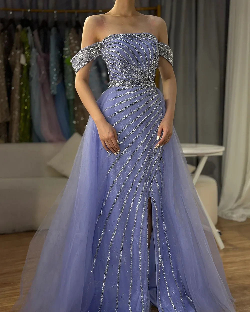 Boat Neck Split Mermaid Elegant Beaded Gowns