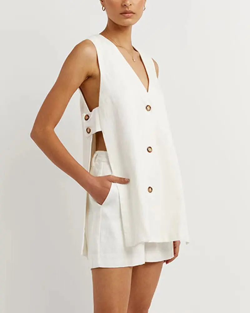 Hollow Button Long Top Elastic Waist Shorts Suit