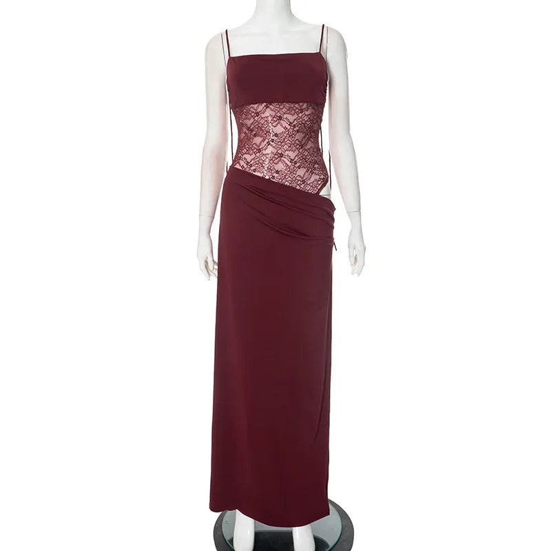 Spaghetti Strap Sheer Lace Hollow Out Long Dress