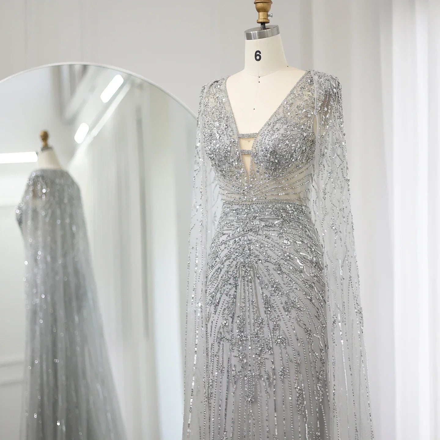 Silver-Gray Mermaid Evening Gown with Cape