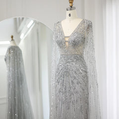 Silver-Gray Mermaid Evening Gown with Cape