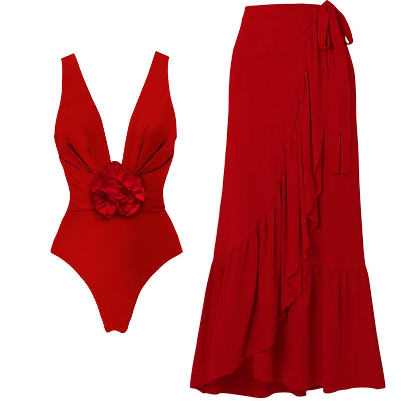 Solid Red Flower Swim Suit Deep V Bodysuit