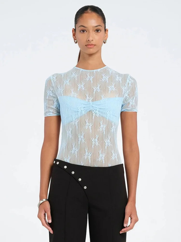 Sheer Lace Patchwork Bodysuit Top For Women