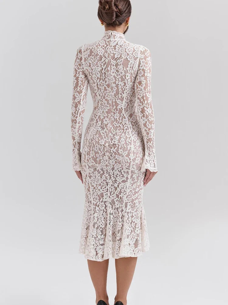 Lace White Long Sleeve Turtleneck Dress