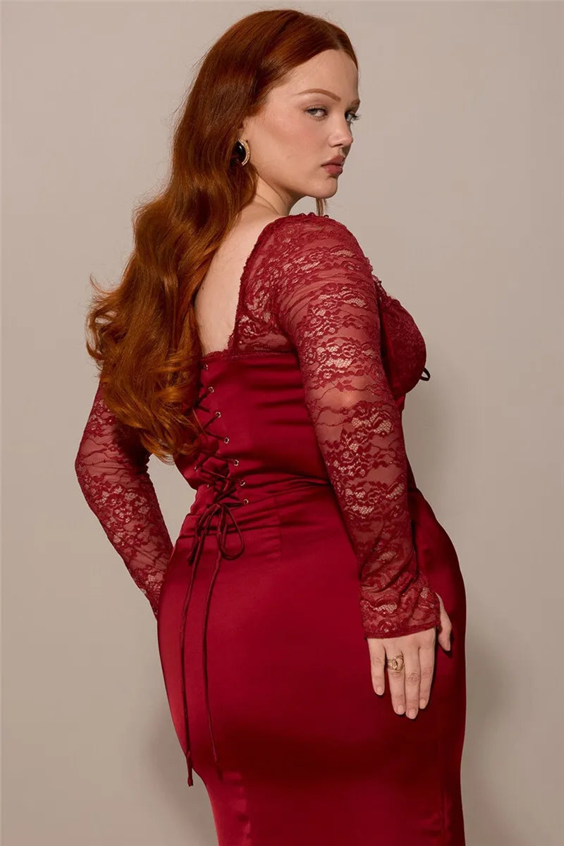Square Collar Lace-Up Backless Long Sleeve Maxi Dress