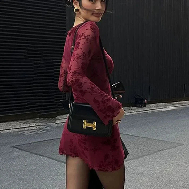 Wine Red Print Long Sleeves Knitted Dress
