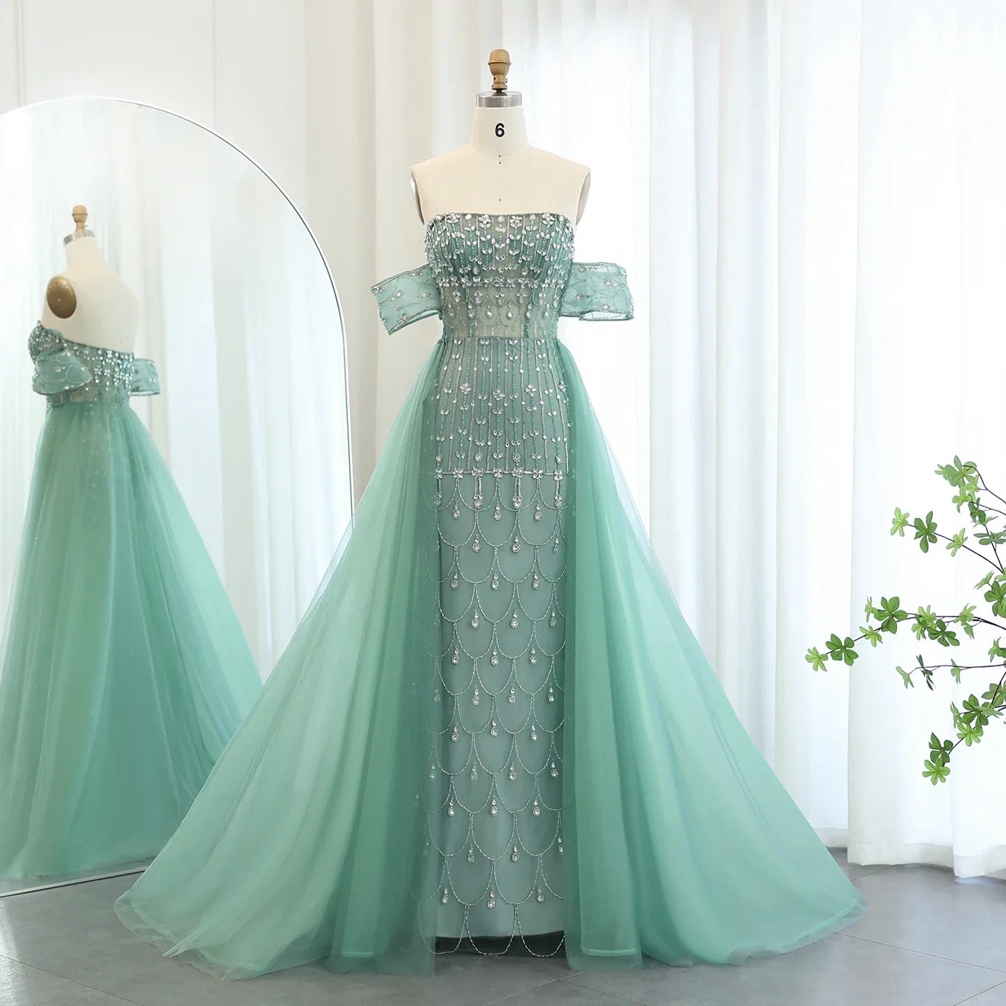 Champagne Mermaid Evening Gown with Overskirt