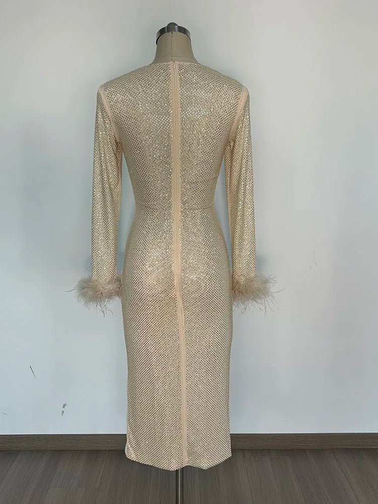 Feathers Rhinestone Folds Midi Dress
