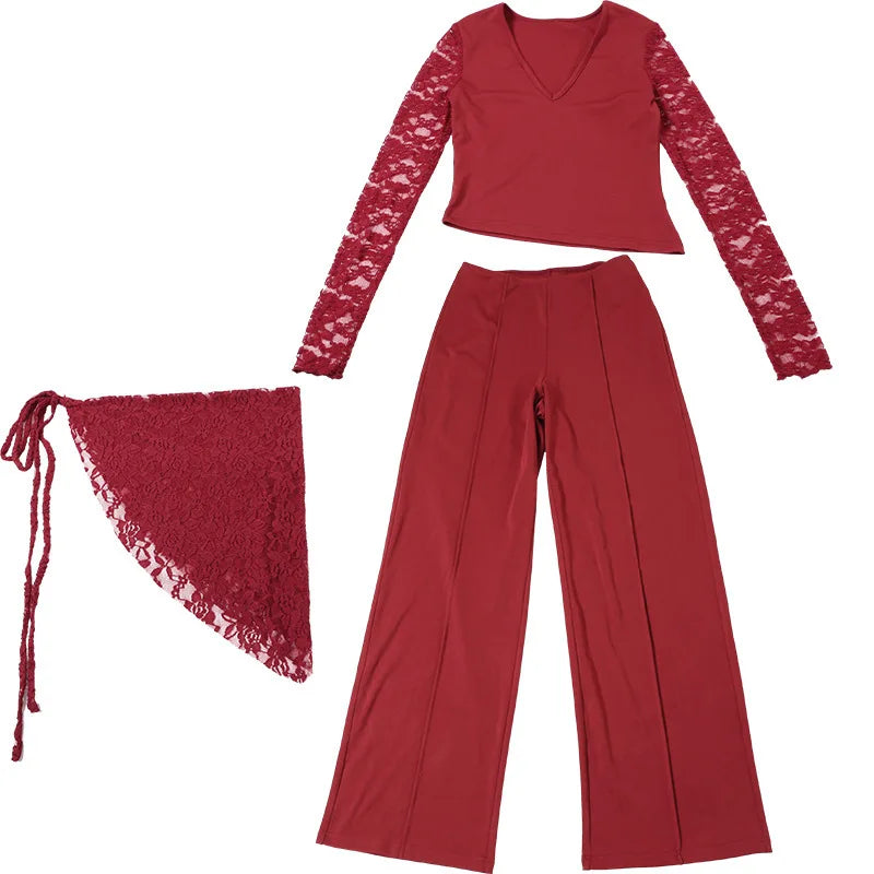 Patchwork Lace Long Sleeve Pant Suit