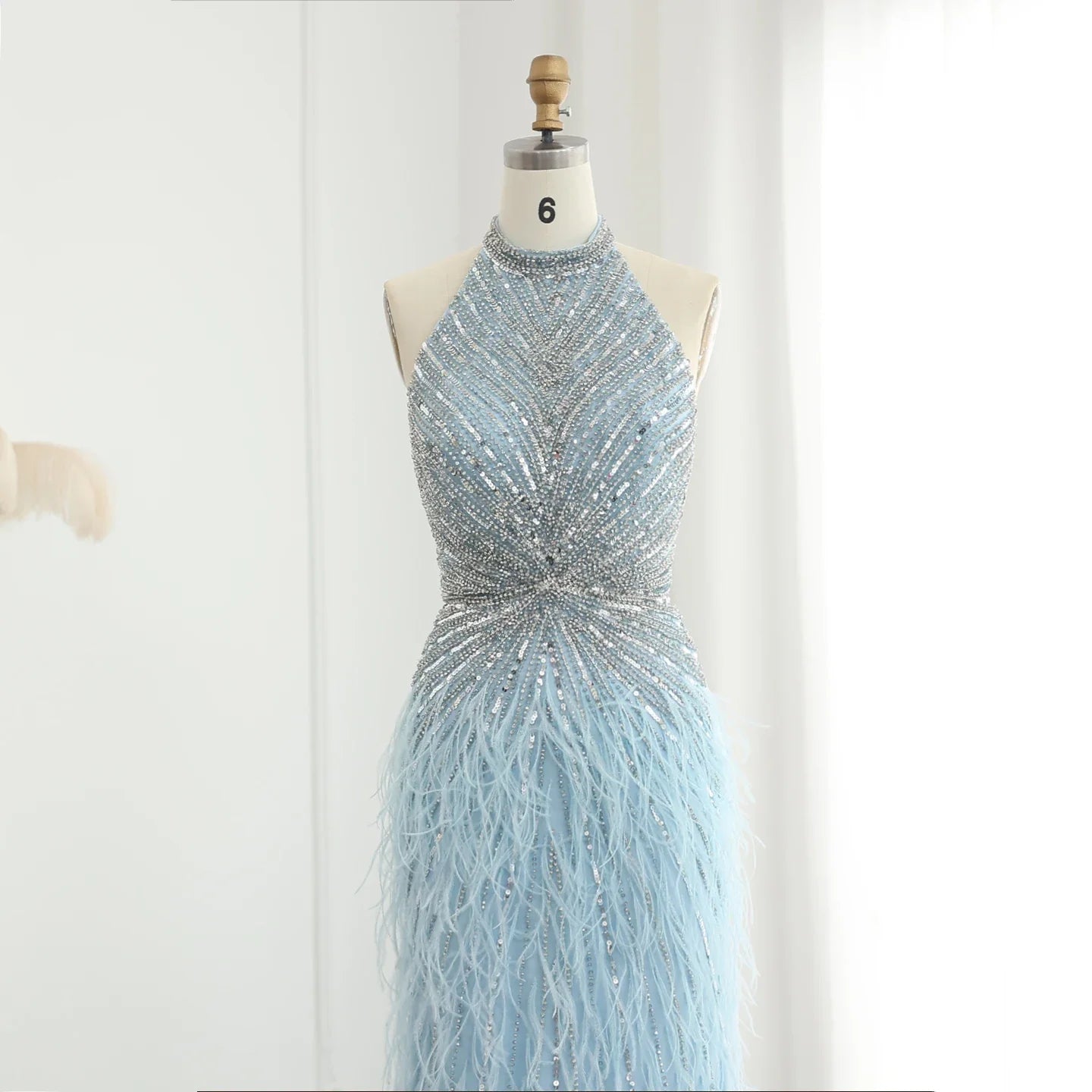 Beaded Feathers Mermaid Halter Backless Gown