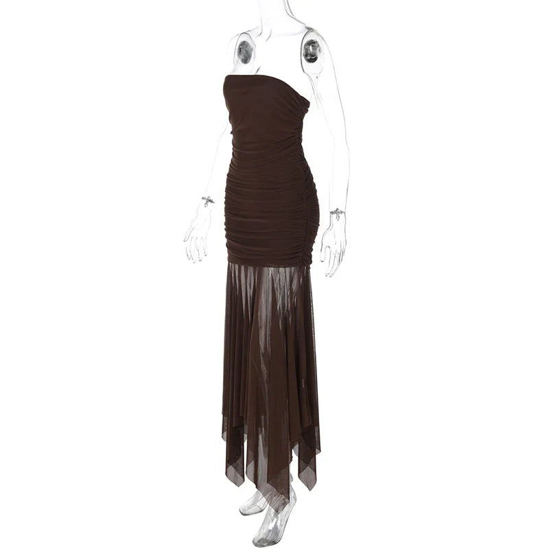 Brown Off-shoulder Strapless Long Dress