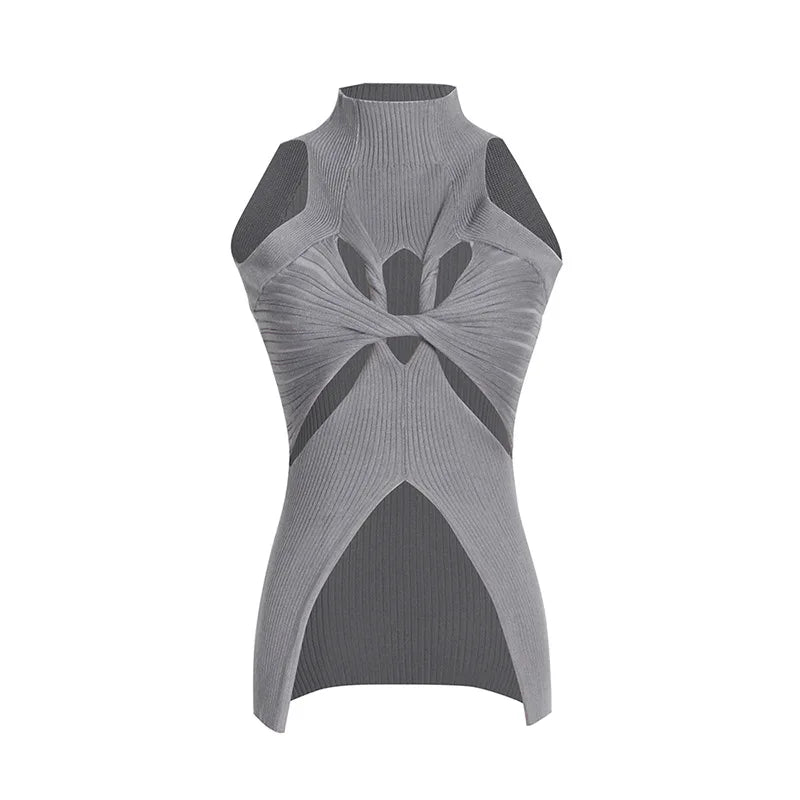 Sleeveless Knitted Solid Cross Hollow Out Top