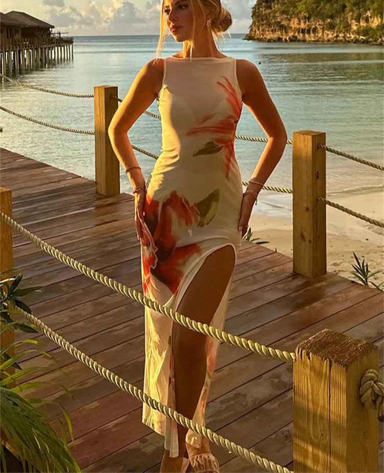 Sleeveless Floral Print Long Mesh Dress