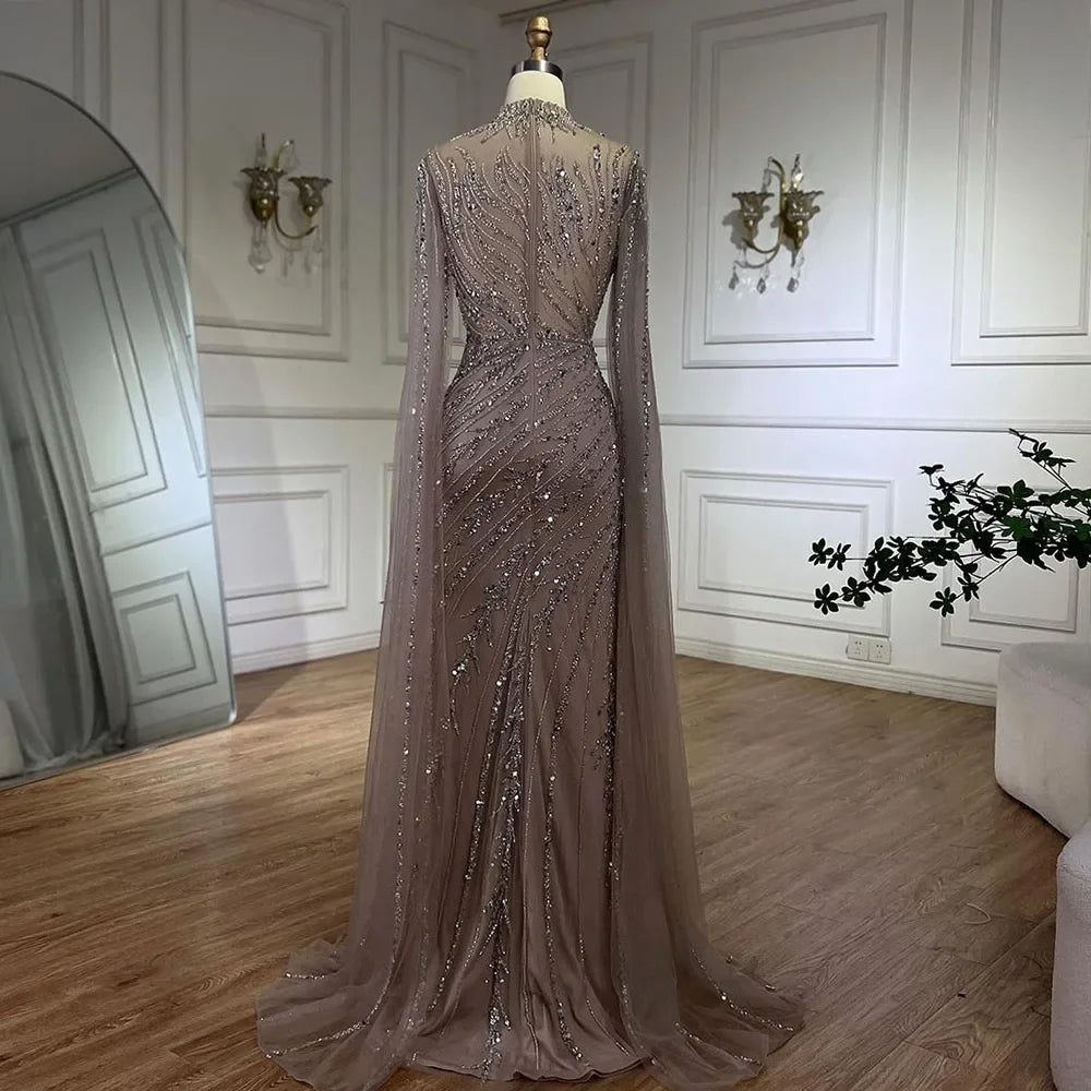 Beaded Lace Mermaid Gown with Cape Sleeves