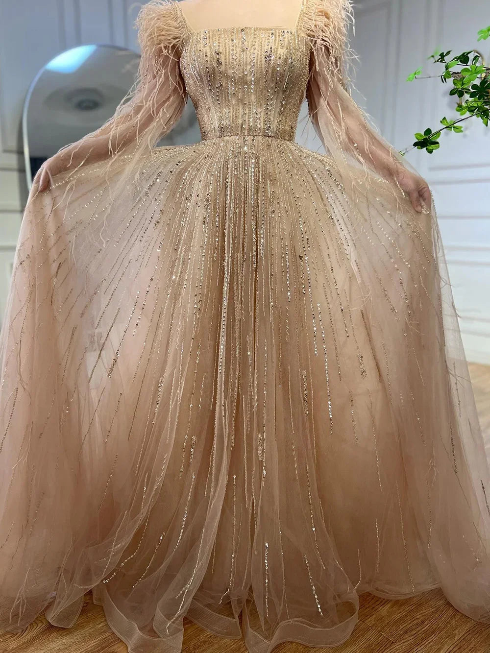 Cape Sleeves Feathers Beaded Evening Dresses