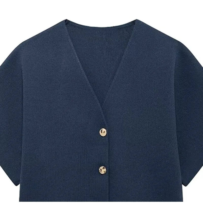 Knitted Flat Pin V-Neck Solid Short Sleeved Tops