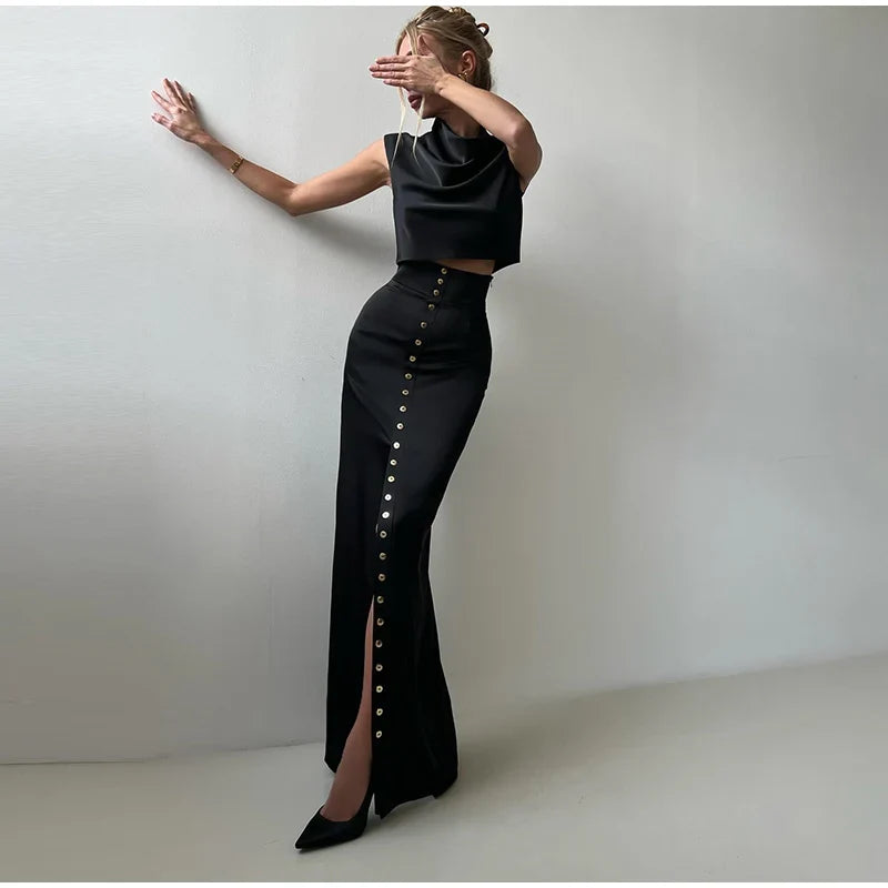 Sleeveless Top Suit With Front Split Skirt