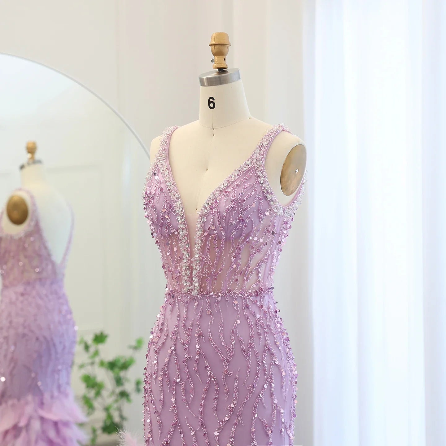 Blue Mermaid Evening Gown with Feather Details