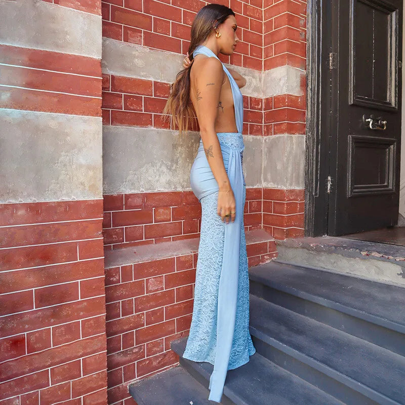 Halter Deep V Neck Lace Sleeveless Long Dress