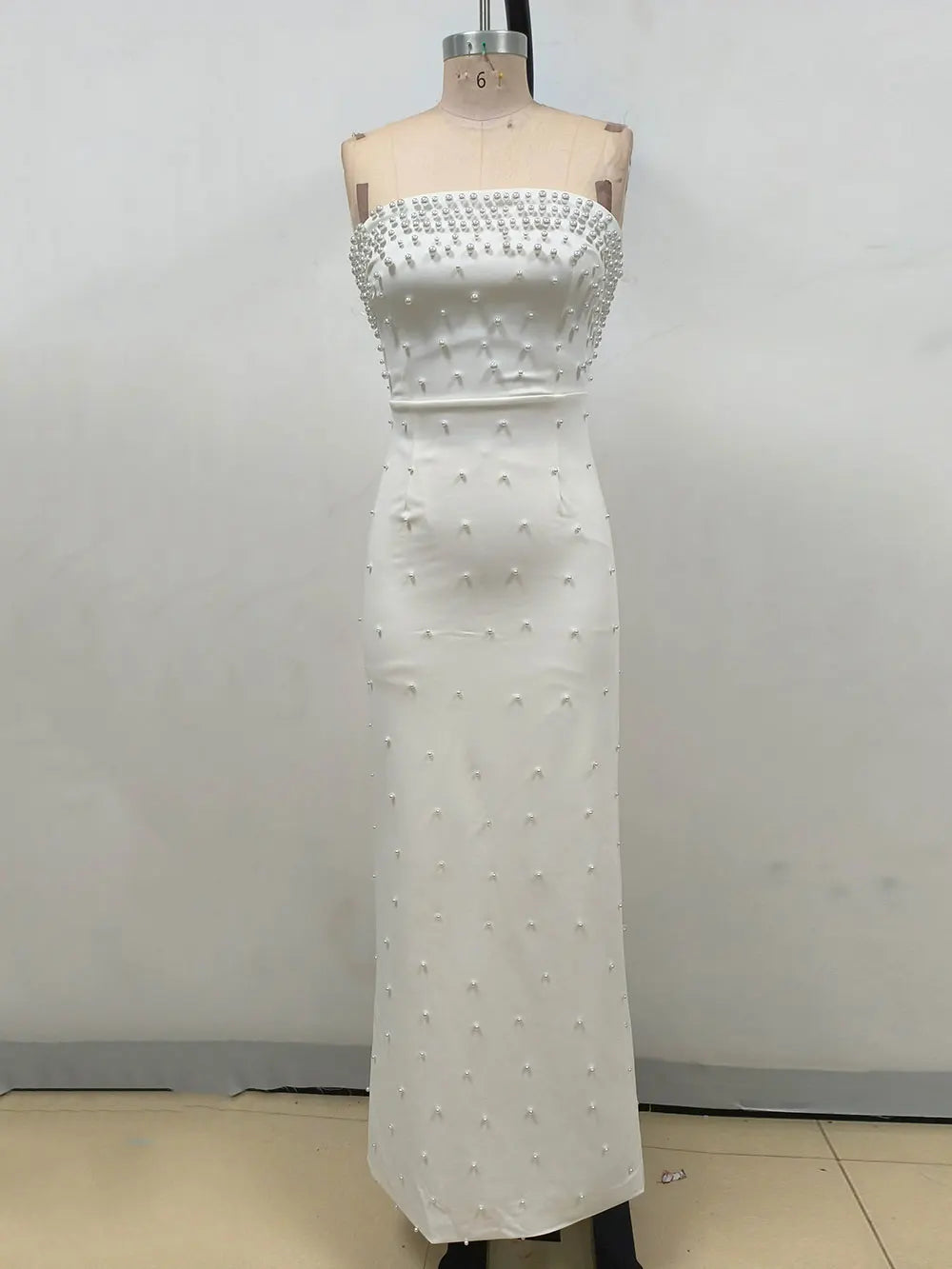 Pearl Design Bandage Strapless Long Dress