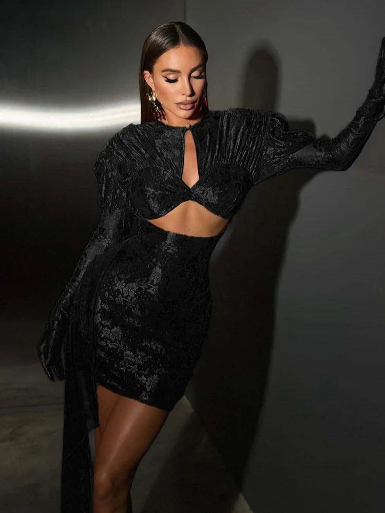 Gloves Long Sleeves Lace Floral Dress