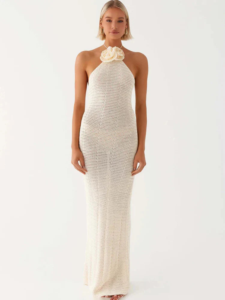 Knitted Crochet Slim Halter Beachwear Cover-Up Dress