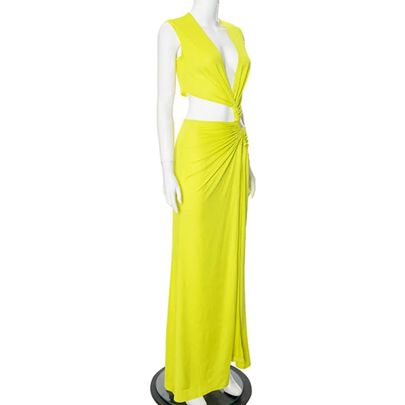 Deep V Cut Out Slit Asymmetrical Long Dress