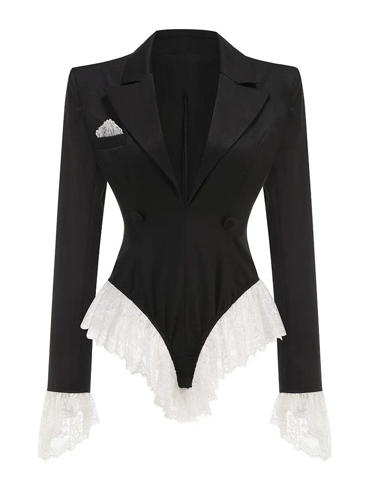 Lace Patchwork Black Long Sleeve Bodysuit