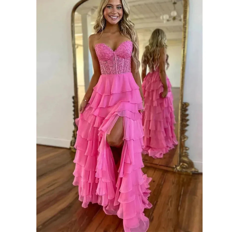 Lace Embroidery Chiffon A-line Prom Dresses