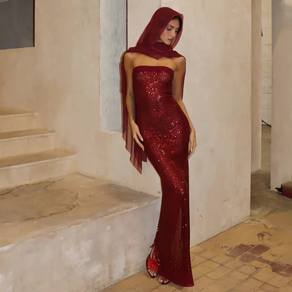 Strapless Sequin Slit Backless Dress