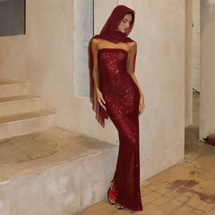 Strapless Sequin Slit Backless Dress