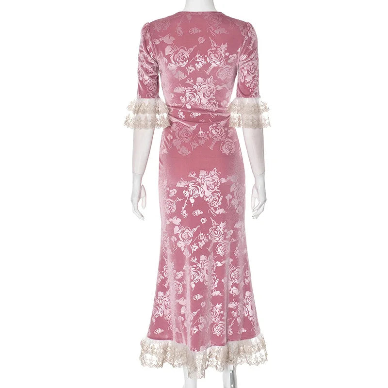 Patchwork Lace Short Sleeve Printed Floral Dress