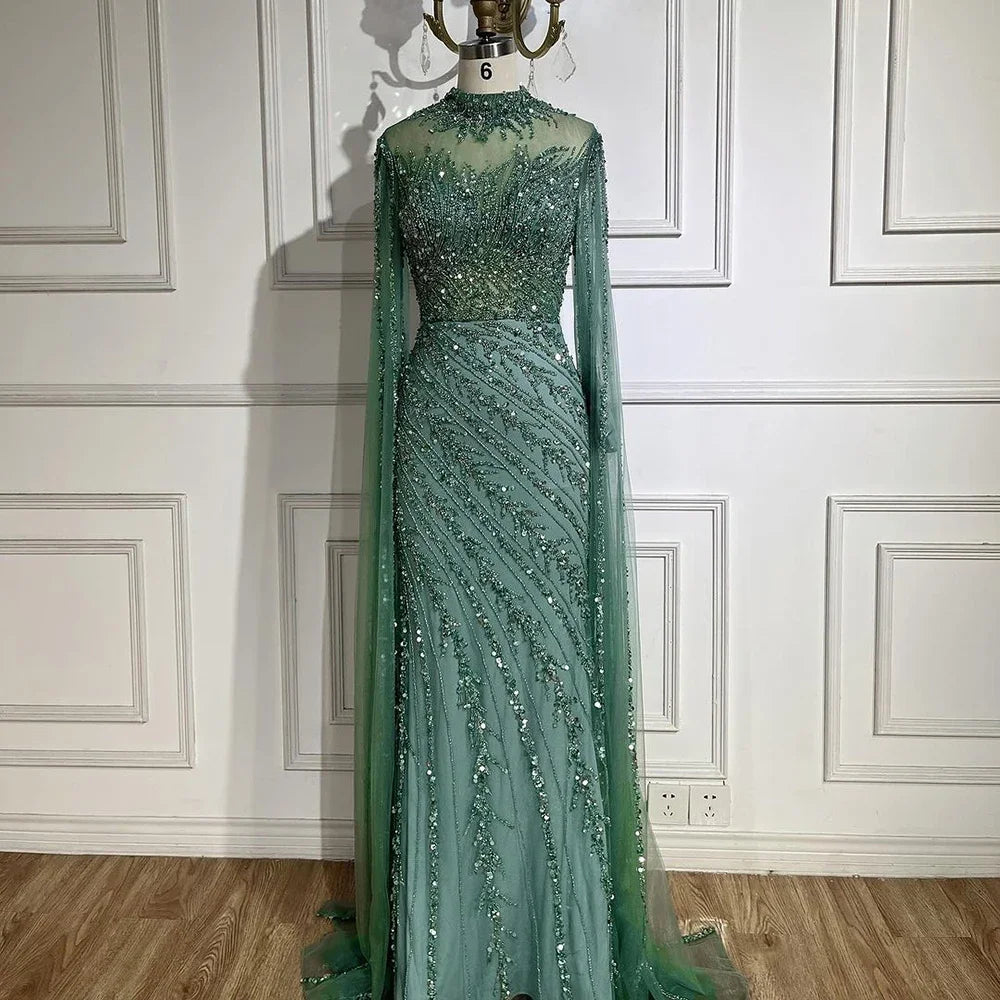 Beaded Lace Mermaid Gown with Cape Sleeves