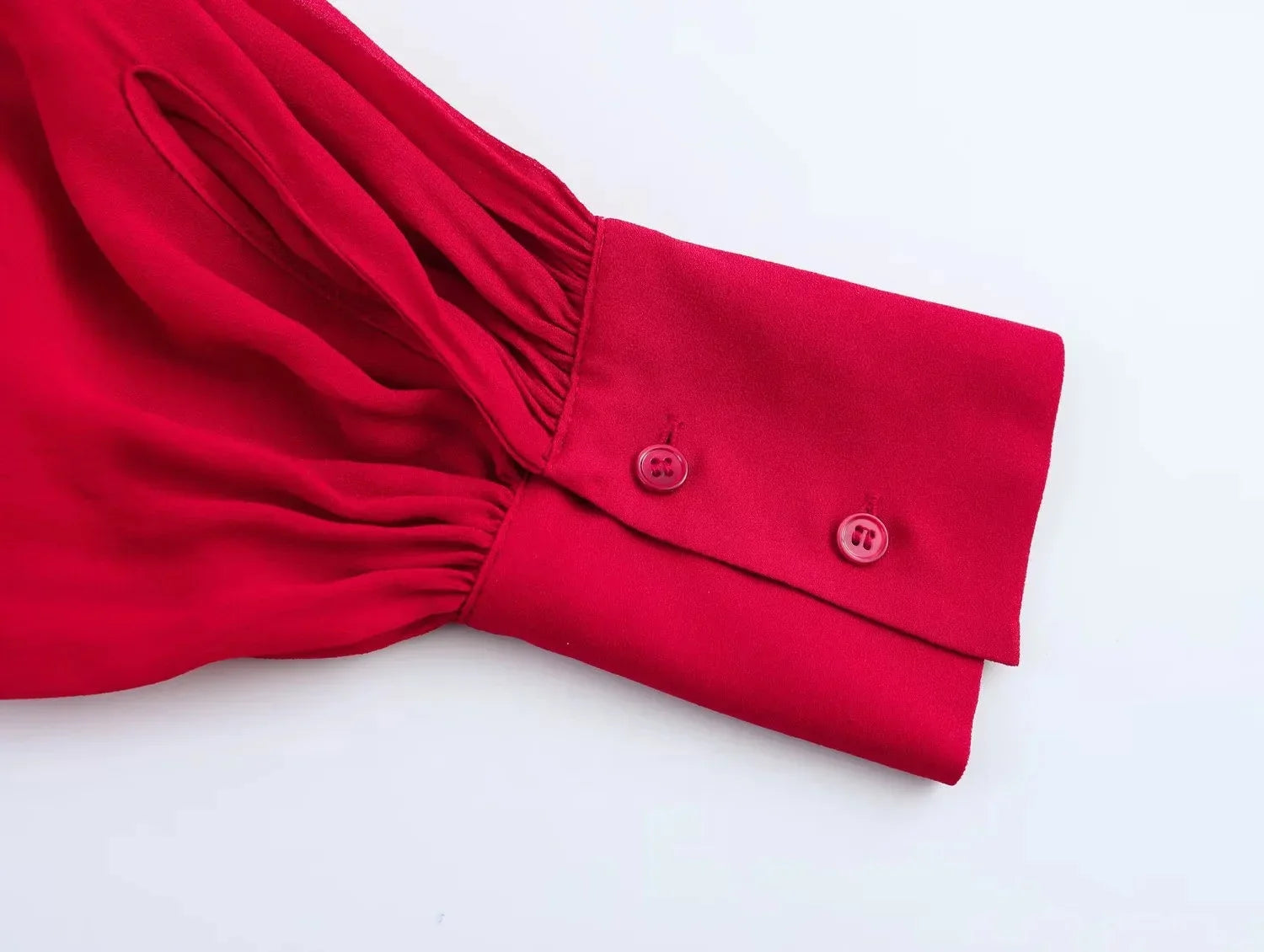 Solid O-Neck Bow Button Long Sleeve Blouse