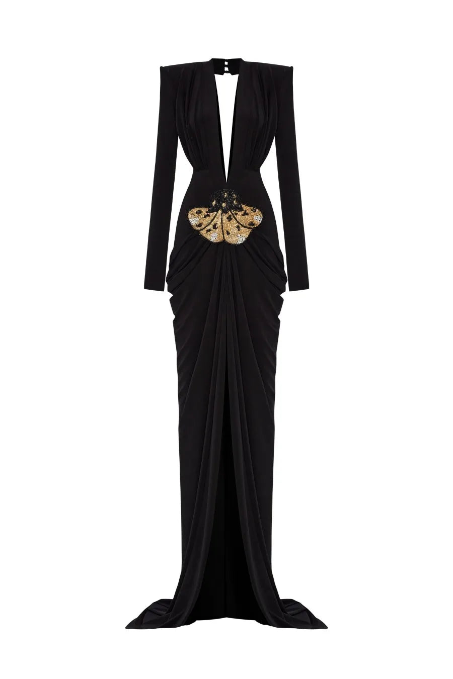 Deep V Neck Long Sleeves Black Maxi Dress  Party Gown