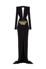 Deep V Neck Long Sleeves Black Maxi Dress  Party Gown