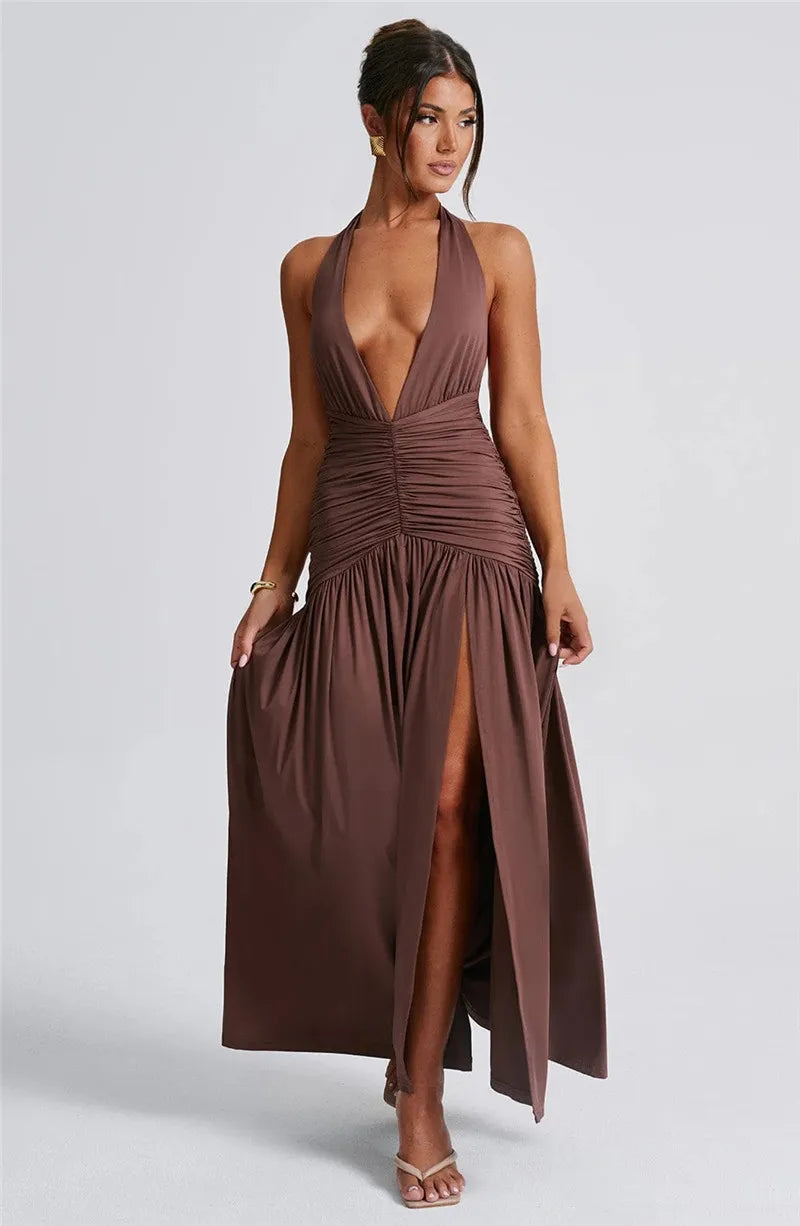 Open Back Solid Thigh High Split Long Dress