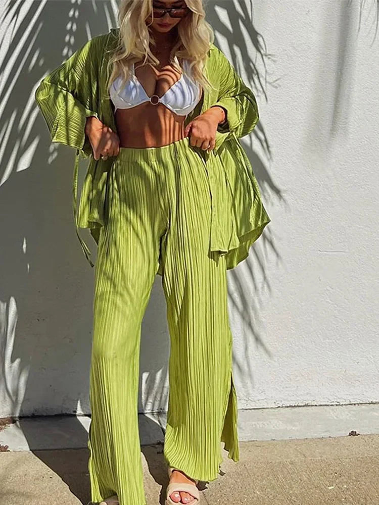 2 Piece Set Blouse Tops and Split Wide Leg Pants