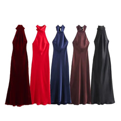Solid Sleeveless Backless Bow Zipper Long Dress