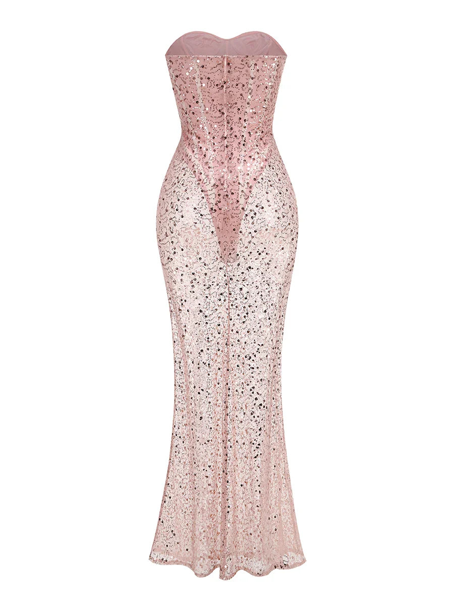 Pink Strapless See Through Long Dress