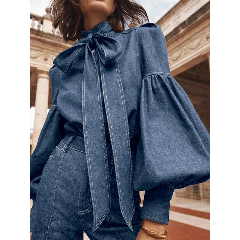 Denim Puff Sleeve High Neck Top
