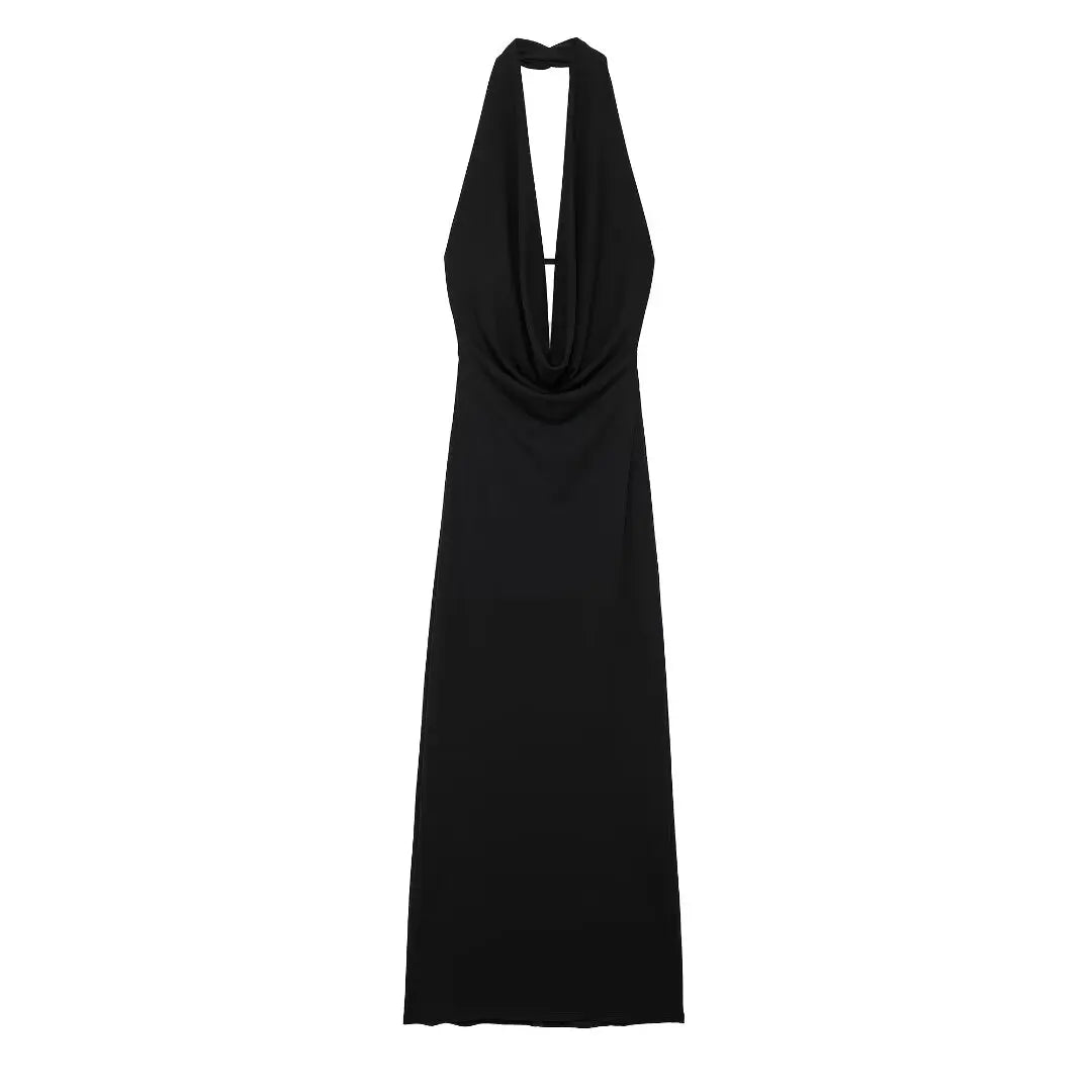Off Shoulder Folds Hanging Neck Long Dress
