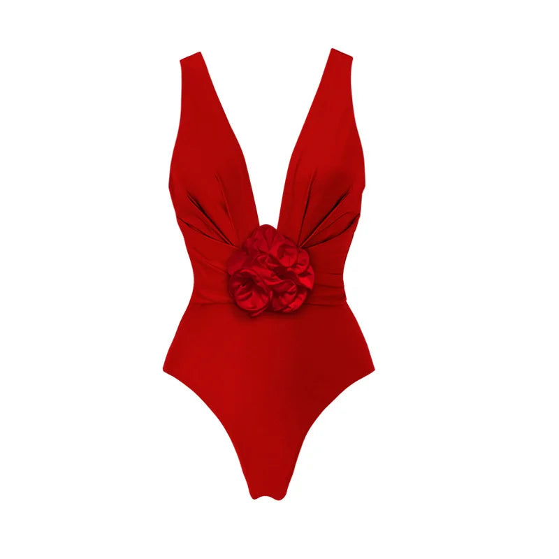 Solid Red Flower Swim Suit Deep V Bodysuit