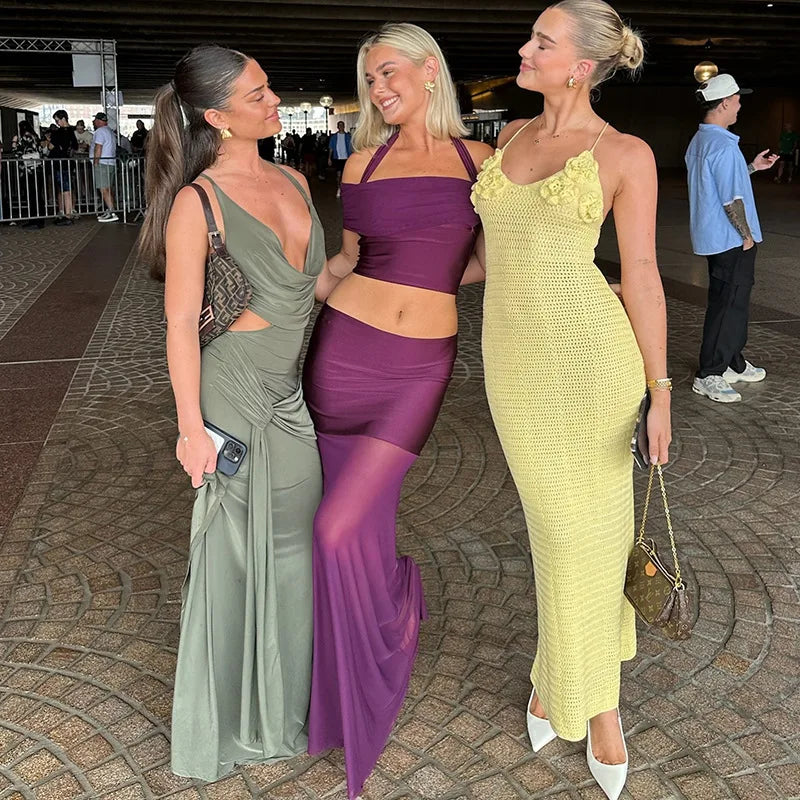Purple Mesh Two-Piece Set with Sheer Halter Top and Long Skirt