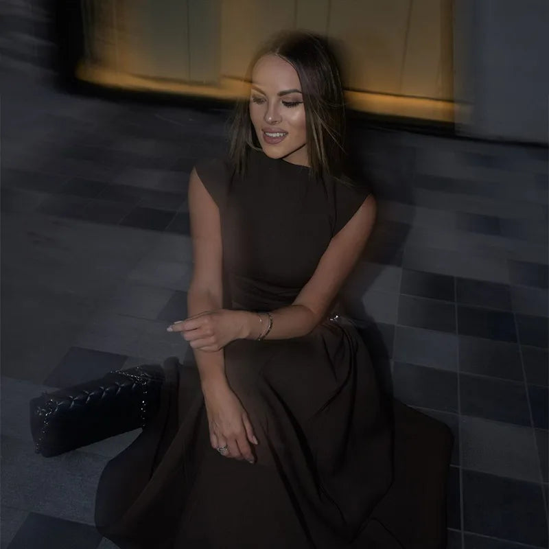 Slanted Collar Solid Pleated Long Dress
