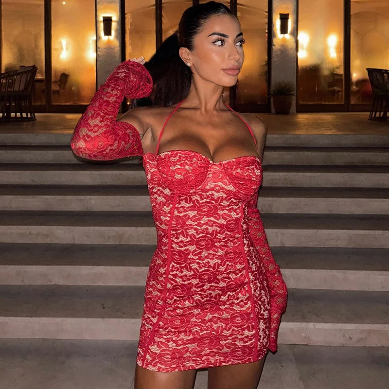 Red Lace Off-shoulder Bodycon Mini Dress
