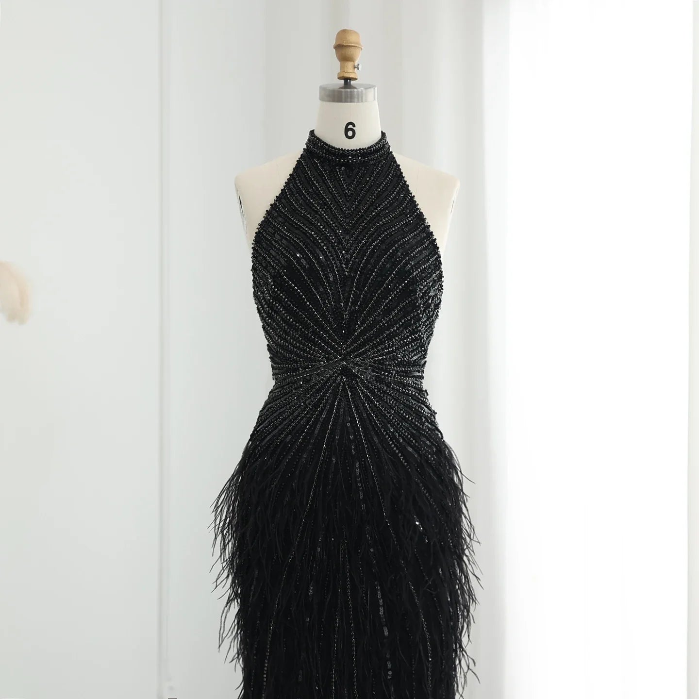 Beaded Feathers Mermaid Halter Backless Gown