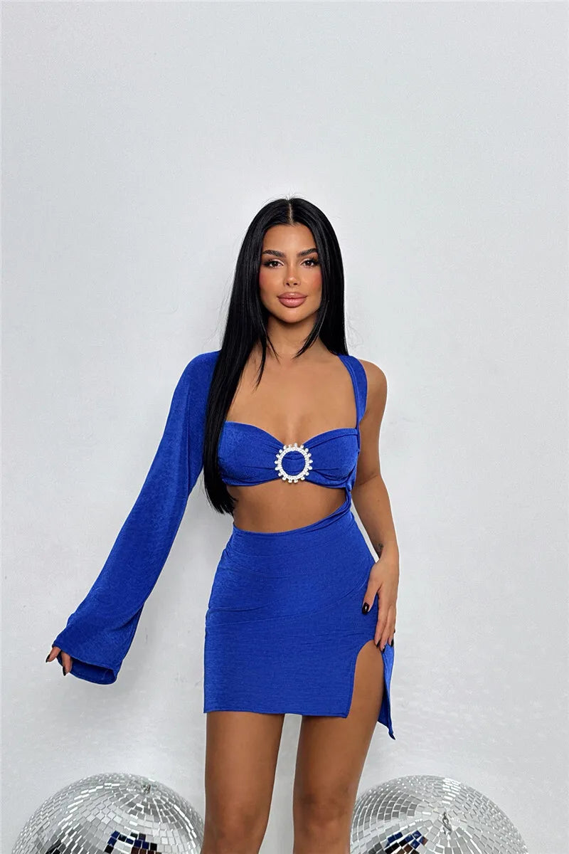 Hollow Out Backless One-Sleeve Side Slit Mini Dress